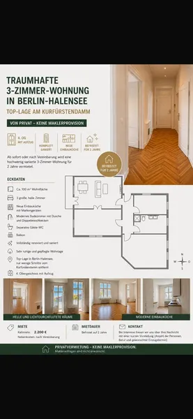 2 Jahre befristet TRAUMHAFTE 3-ZIMMER-WOHNUNG IN BERLIN-HALENSEE TOP-LAGE AM KURFÜRSTENDAMM — photo 1